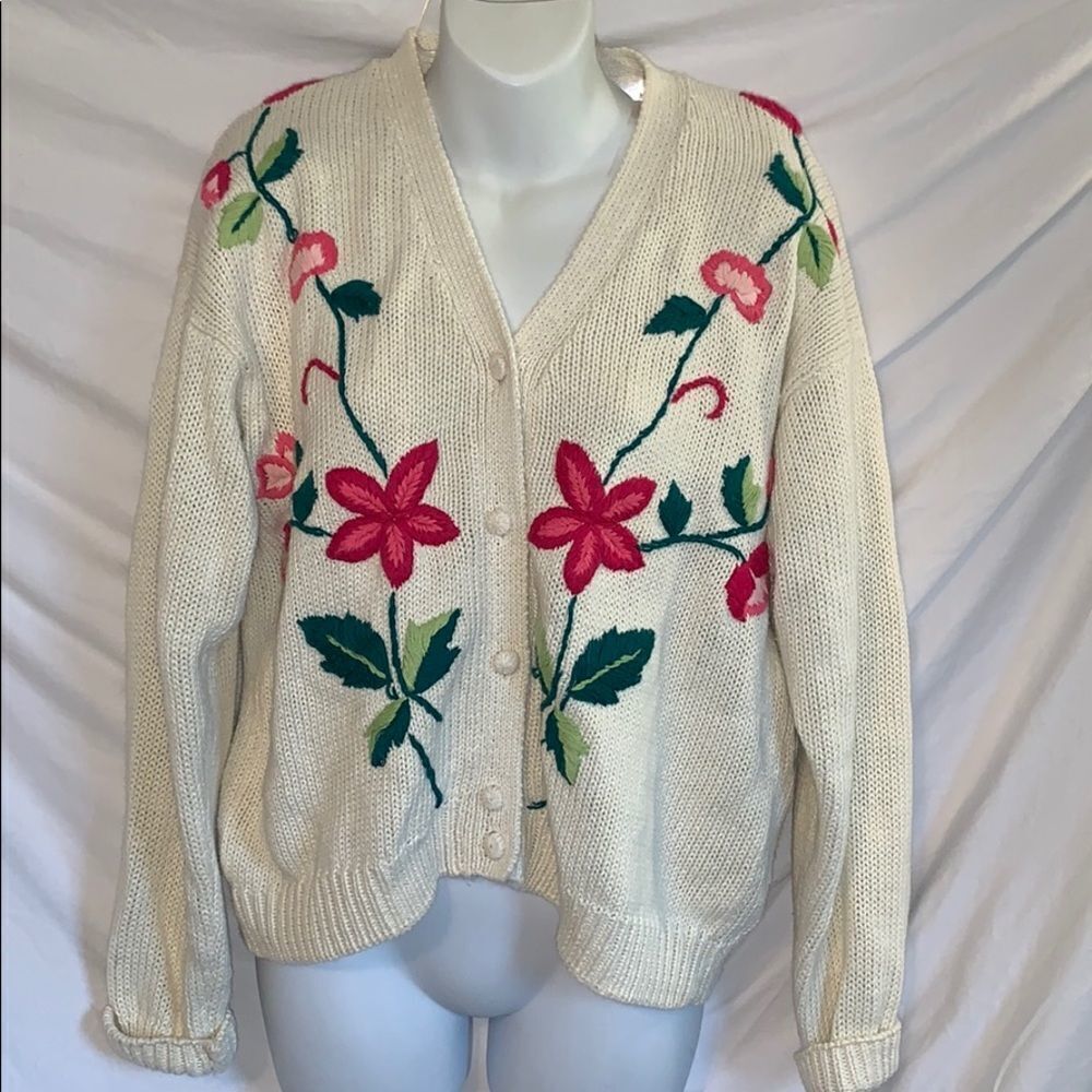 Vtg 90s Cape Isle Knitters Embroidered Cardigan